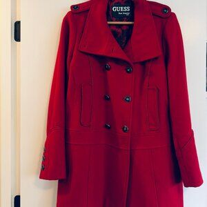 Guess Los Angeles Red Double Breasted Wool Blend Coat Size L/14